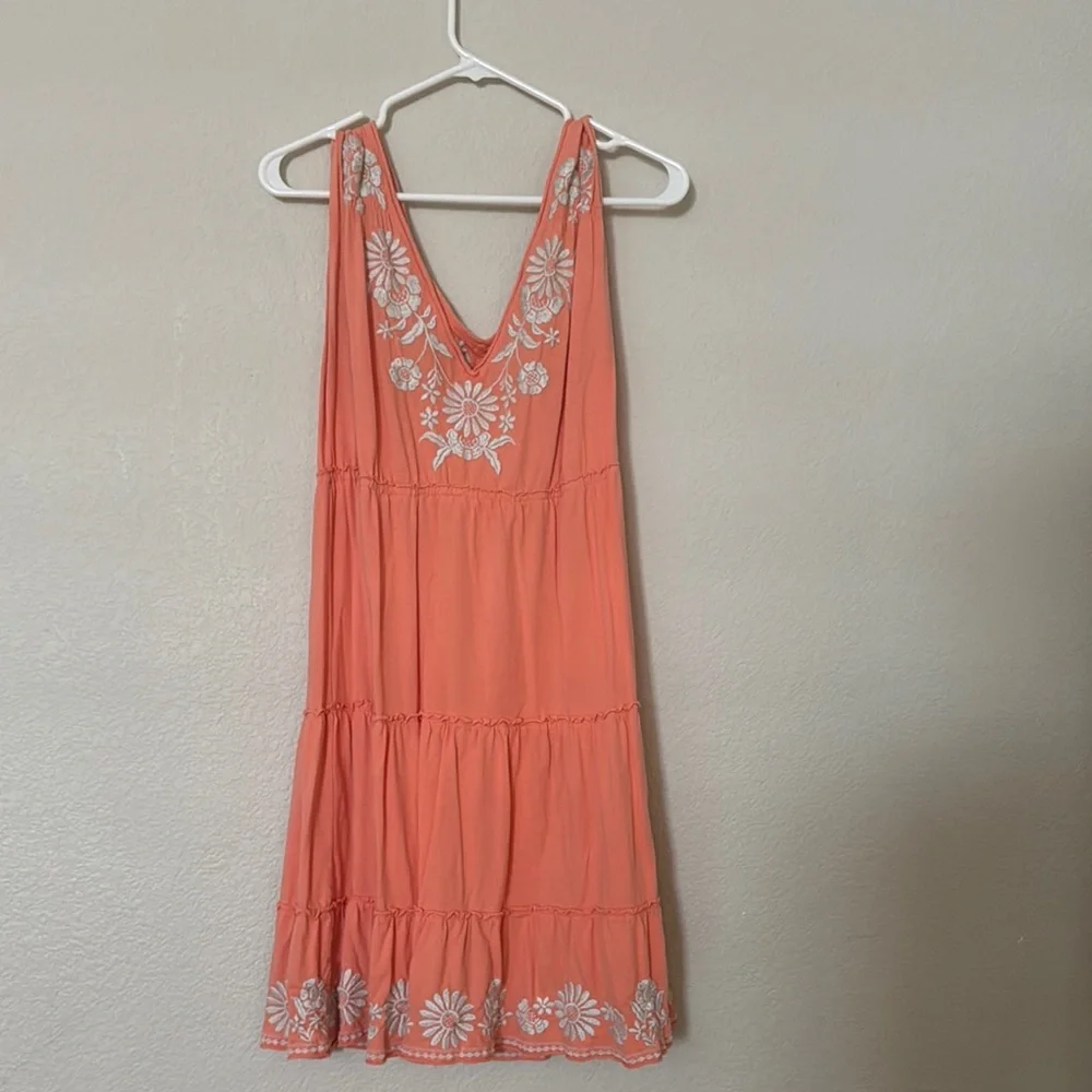 Johnny Was Coral Mini Dress with White Embroidery - Picture 1 of 1